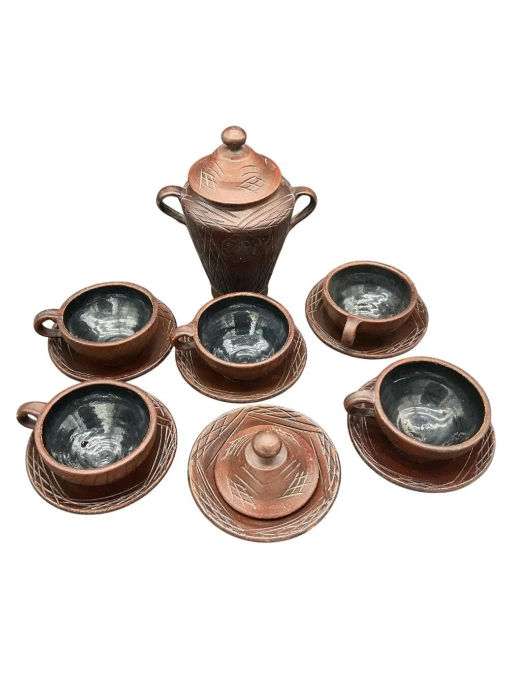 Vintage Yixing Zisha Style Urn Decanter Jar & Tea Cup & Saucer Set Ceramic